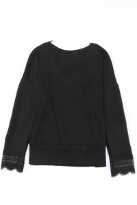 Black Ribbed Texture Lace Trim V Neck Long Sleeve Top