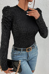 Black Gigot Sleeve Metallic Knit Slim Fit Top