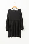 Black Lace Puff Sleeve Buttoned Tiered Ruffled Mini Dress