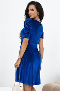 Sail Blue Velvet Ruched Short Sleeve Pocketed Mini Dress