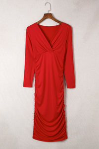 Fiery Red Long Sleeves Wrap V Neck Ruched Sheath Bodycon Dress