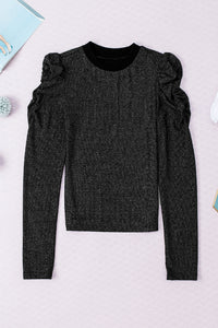 Black Gigot Sleeve Metallic Knit Slim Fit Top