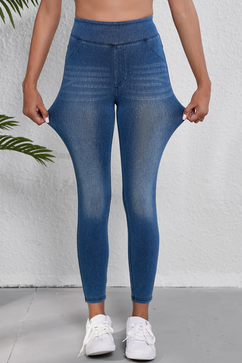 Marineblaue, schmale, knöchellange Jeggings mit mittlerer Taille und elastischem Bund und Taschen