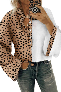 Khaki Leopard Contrast Half Button Casual Blouse