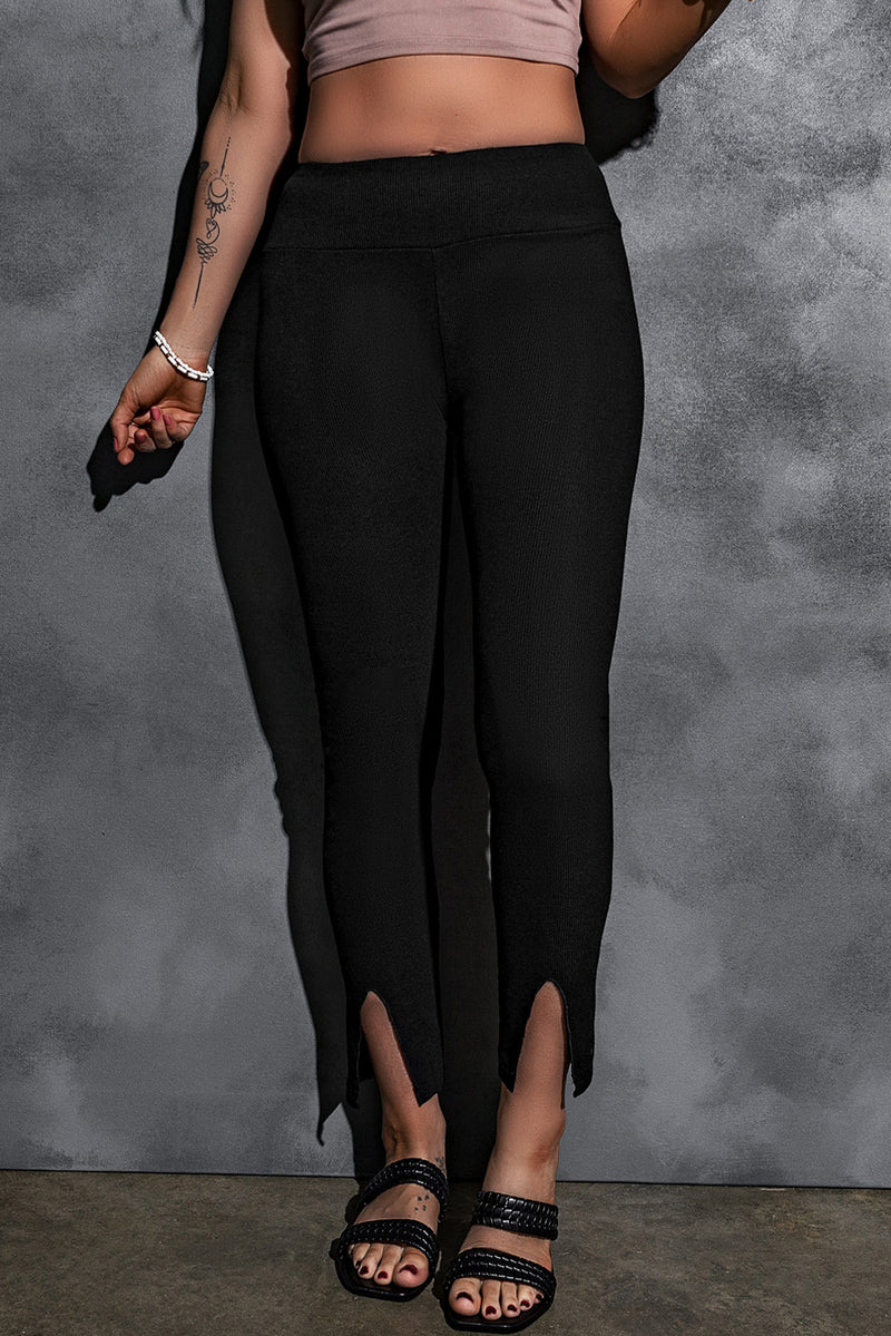 Schwarze Rippstrick-Leggings mit hohem Bund und Schlitz