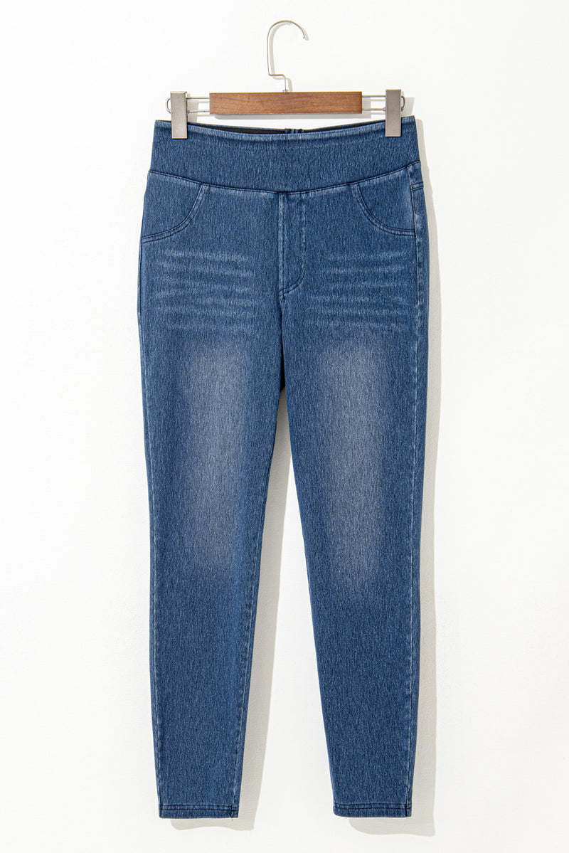 Marineblaue, schmale, knöchellange Jeggings mit mittlerer Taille und elastischem Bund und Taschen