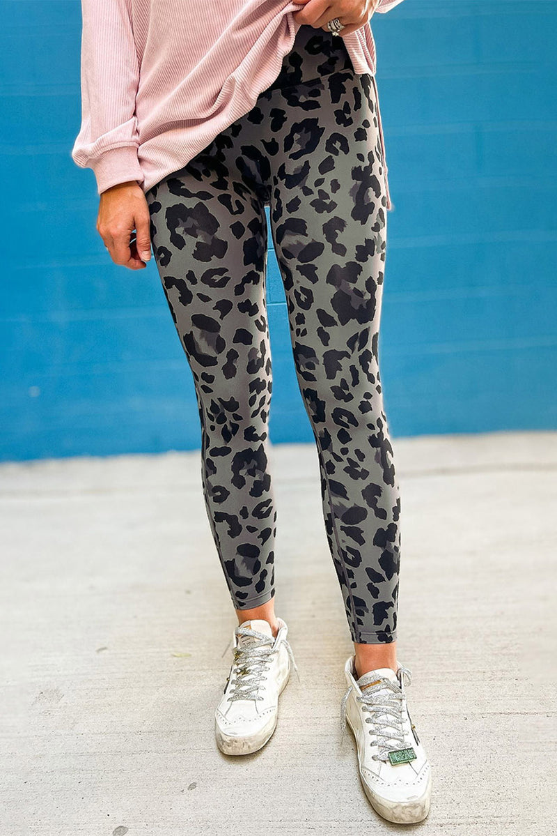 Graue, klassische Aktiv-Leggings mit Leopardenmuster