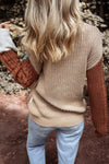 Khaki Mix Textured Knit Colorblock Patchwork Sweater