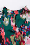 Green Abstract Print Smocked Cuffs Frilled Neck Blouse